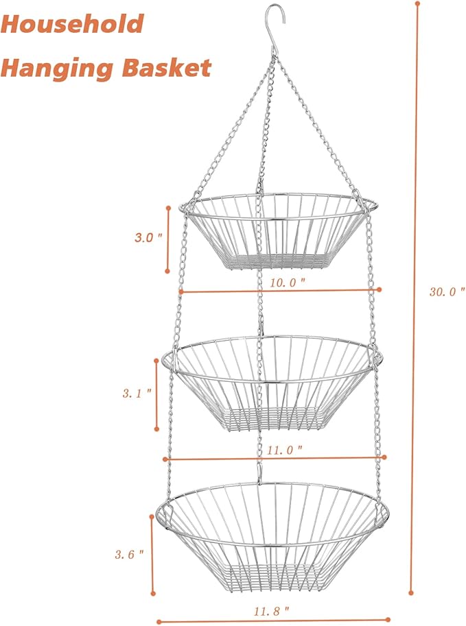 3-Tier Wire Fruit Hanging Basket 2 Packs, non-Punching Wall Hanging Storage, Kitchen Bathroom Organization Basket, Suitable for Bathroom, Kitchen, Closet, Garden, Chrome