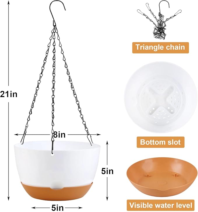 4 Pack Plastic Hanging planters for Indoor Plants,8 Inch Plant Pot Indoor Outdoor Hanging Baskets,Hanging Flower Pots with Drainage Holes and Chain for Garden Porch Plants(White)