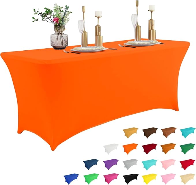 IVAPUPU 8FT Table Cloth for Rectangular Fitted Events Stretch Orange Table Covers Washable Cover Spandex Tablecloth Protector for Party, Wedding, Cocktail, Banquet, Festival