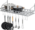 MyGift Wall Mounted Silver-Tone Metal Hanging Kitchen Pots, Pans and Utensils Storage Cookware Rack with 12 Removable S-Hooks and Top Display Shelf for Condiments Spice Rack