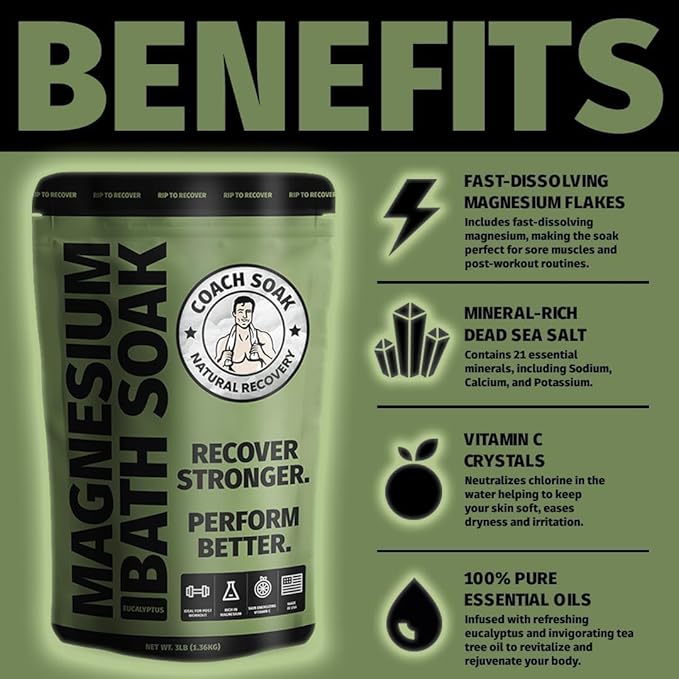 Coach Soak Recovery Bath Soak and Magnesium Lotion with MSM Eucalyptus Tea Tree Bundle (Eucalyptus)