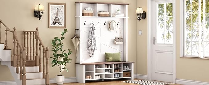 Ball & Cast 4-in-1 Hall Tree with 6 Hooks,Walnut Entryway Bench with Adjustable Shelves,Rustic Shoe Organizer with 16 Open Compartments,for Mudroom,Living Room,Hallway,White