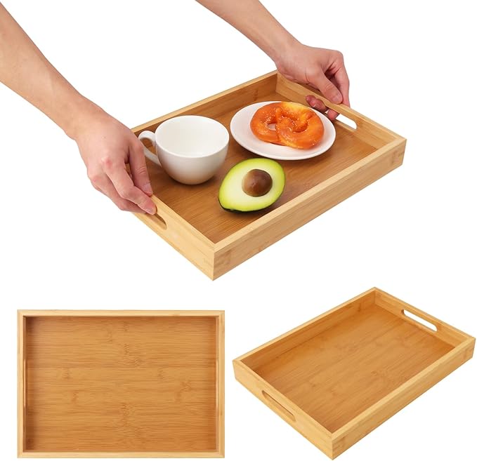 2 Pack Large Bamboo Serving Tray with Handles, 14 x 10 inch Wooden Dinner Tray, Home Kitchen Breakfast Trays for Living Room Bedroom Kitchen Dinner Table, Picnic
