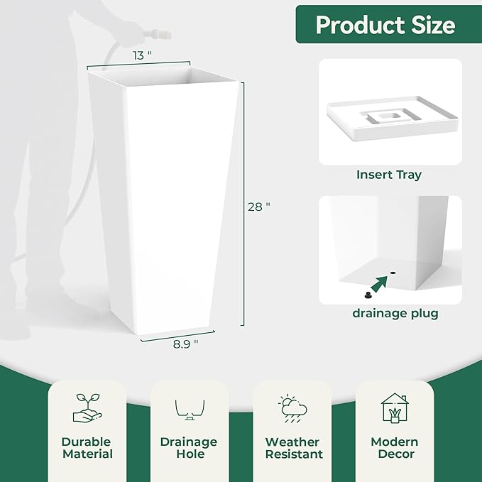 WORTH Garden Large 28 in.Tall Planters Set of 2 for Indoor and Outdoor, Heavy Duty Plastic White Modern Taper Flower Plant Pots with Drainage Hole and Dual-Purpose Tray for Front Porch, Patio