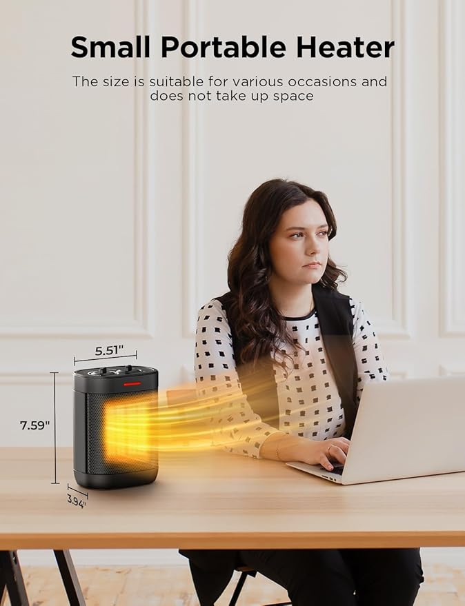 1000W Small Space Heater for Indoor Use, 2S Fast Heating, PTC Ceramic Electric Space Heater with 3 Modes, Thermostat, Overheated & Tip-Over Safety Protection, Portable Heater for Office and Bedroom