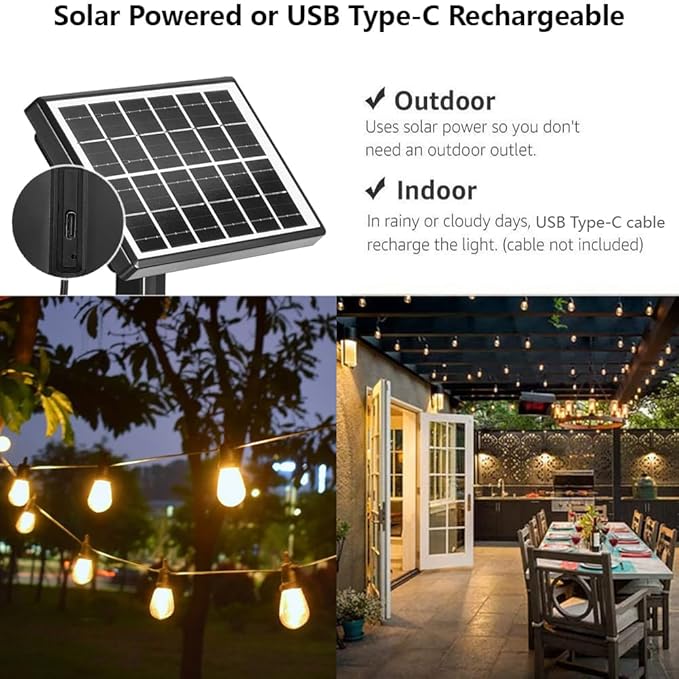 SUNTHIN 100ft Solar String Light Outdoor, USB Rechargeable Patio Solar Outdoor Lights with Waterproof & Shatterproof 30 LED Bulbs for Backyard, Porch, Garden, Pool, Party, Camping