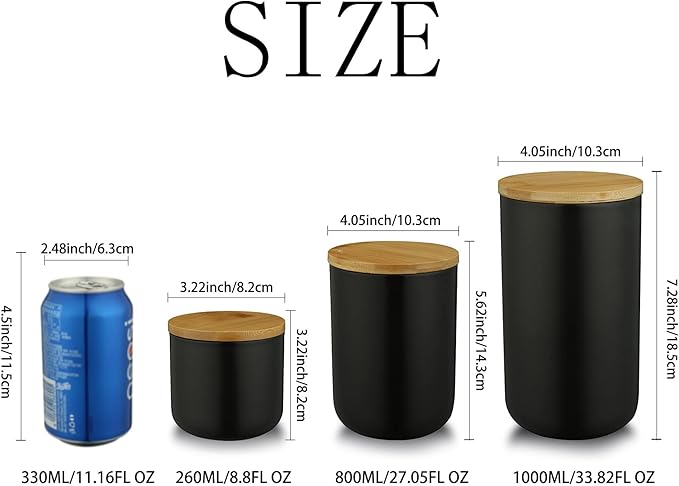 Ceramic Food Storage Jar Canister Modern Design Food Canisters with Airtight Seal Bamboo Lid, Loose Tea Coffee Spice Nuts Snacks Storage Jar Canister (Black 8.79oz/260ml)