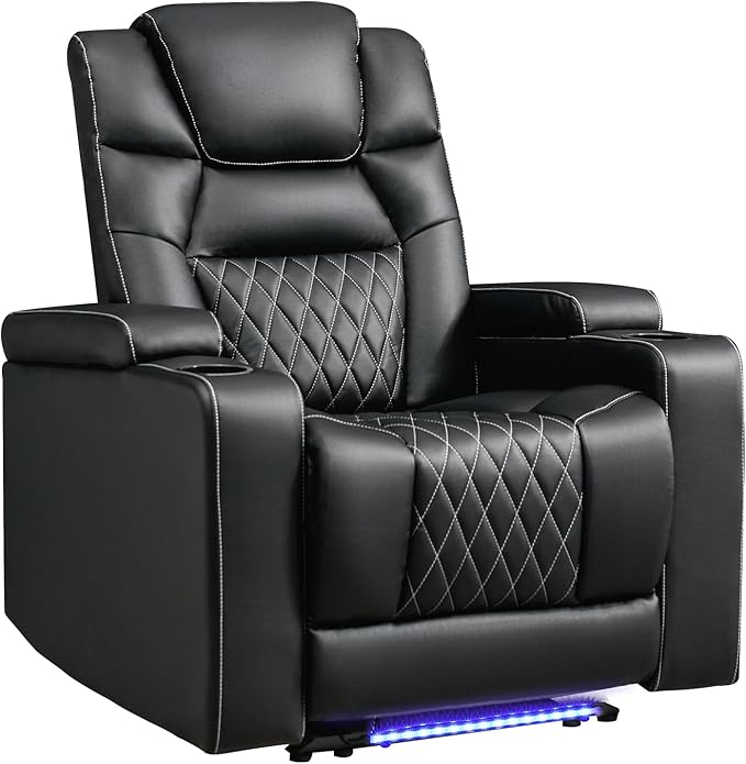 ANJ Power Recliner Chair with USB Port, Electric PU Leather Home Theater Seating for Living Room, Movie Reclining Chairs with Blue Ambient Lighting, Hidden Arm Storage, Cup Holders (Black)