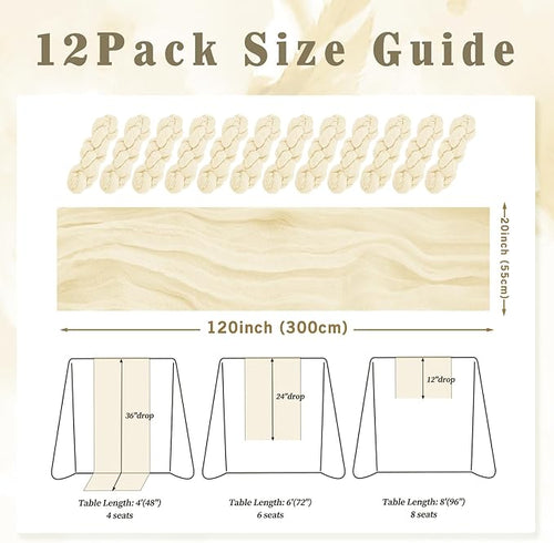 10FT 12 Pack Beige Cheesecloth Table Runner 20 x 120 Inch Long Rustic Gauze Fabric Cheese Cloth Table Runner for Wedding Bridal Baby Shower Table Decorations Boho Sheer Birthday Party Table Decor