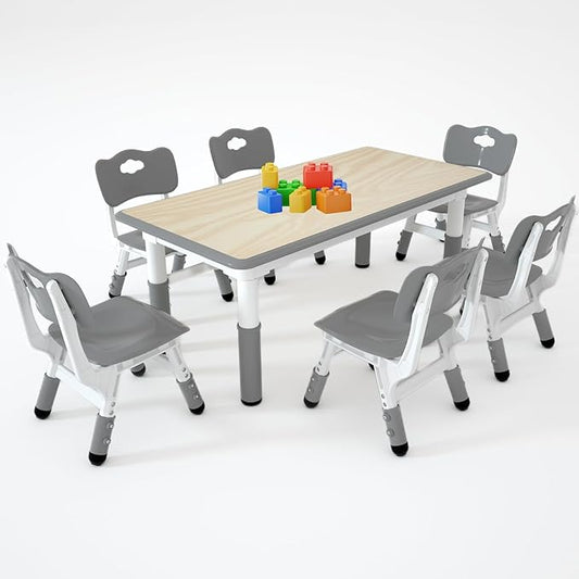 Kids Study Table and 6 Chairs Set,Height Adjustable Table and Chairs for Children and Toddlers,47.2"X23.6"Graffiti Desktop,Suitable for Daycare,Classrooms, Home
