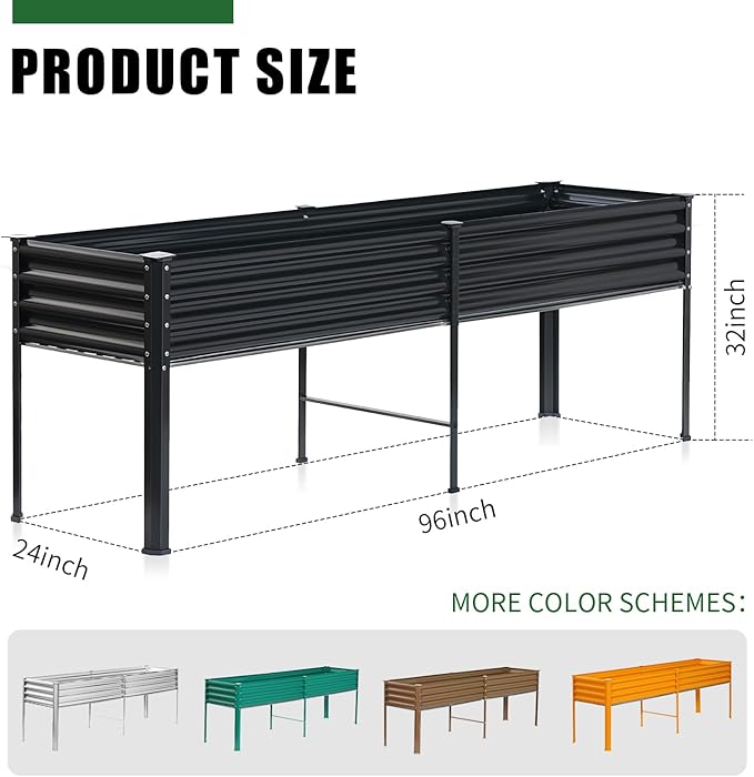 Land Guard Galvanized Raised Garden Bed with Legs, 96×24×32in Raised Garden Beds Outdoor with Drainage Holes, Planter Boxes Outdoor for Backyard, Patio, Balcony, 800lb Capacity, Gray