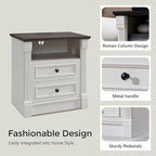 26" Tall Farmhouse Nightstand, 2 Drawers End Table w/Charging Station, 23.6" Wide Large Side Table w/Roman Column, Wood Rustic Sofa Table w/Open Shelf, Bedside Table for Bedroom, White