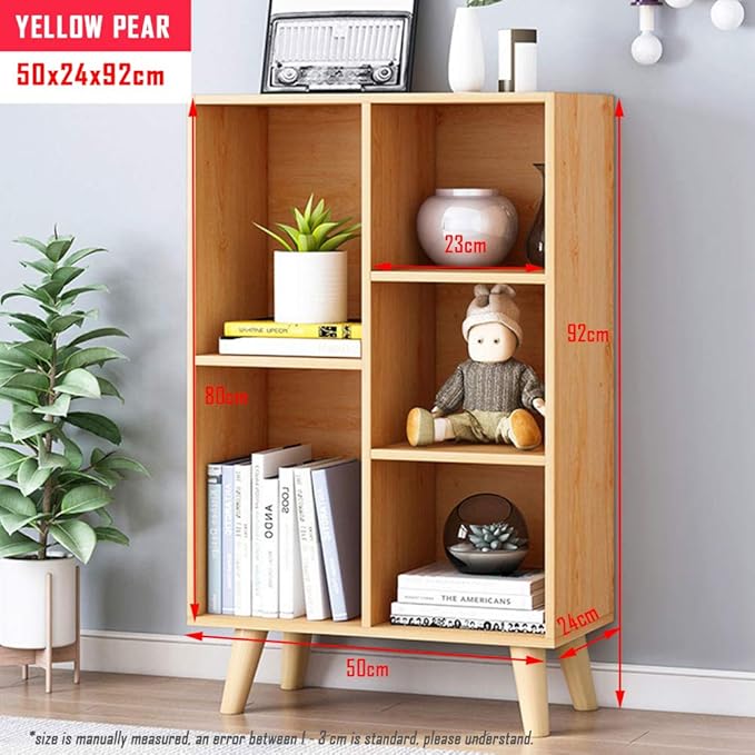 IOTXY Wooden Open Shelf Bookcase - 3-Tier Floor Standing Display Cabinet Rack with Legs, 5 Cubes Bookshelf, Pear Yellow