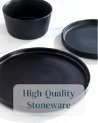 Matte Black Dinnerware Set - Ultra Chic Stoneware for 8-24pcs Plate Set - Dishwasher and Microwave Safe - Ceramic Plates and Bowls
