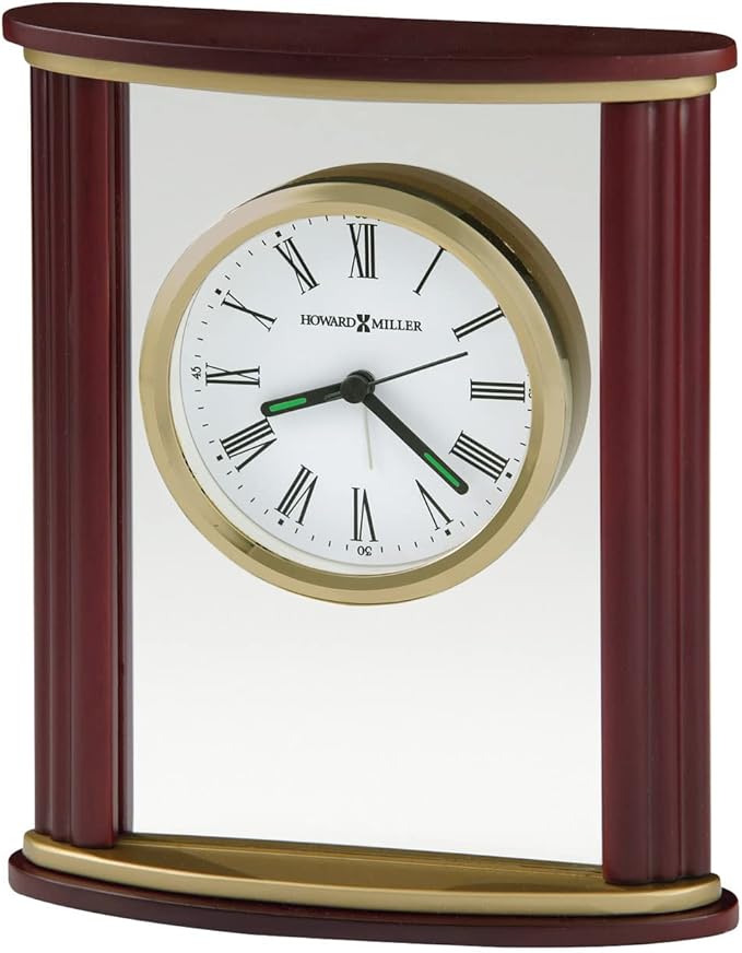 Howard Miller Victor Tabletop Clock - Wooden Desk Timepiece with Glass Crystal, Felt Bottom, Quartz Movement, Analog Alarm Clock, Battery Operated for Home, Office, Living Room, and Bedroom Decor