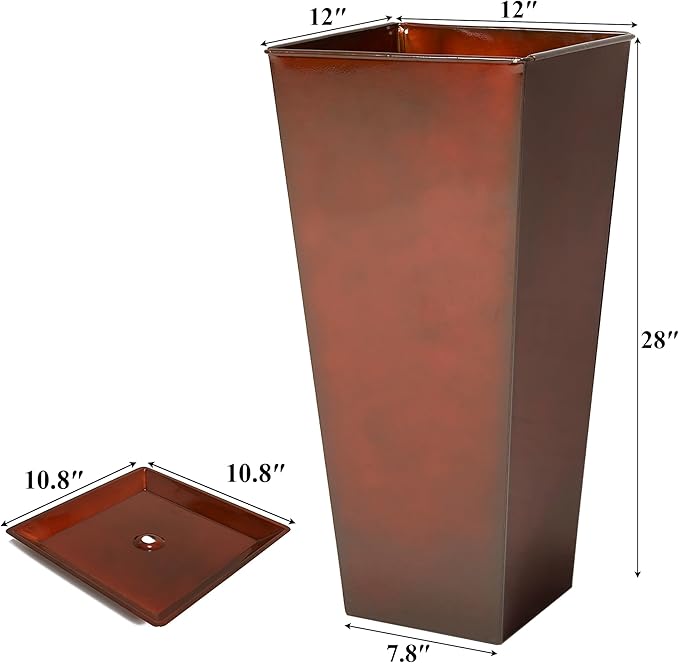 WORTH Garden 28" Large Metal Glazed Planter Set of 2, Luxurious Glossy Finish Red Tall Square Tapered Steel Plant Pots, Decor Flower Pot Indoor & Outdoor, Drainage Hole & Dual-Purpose Plant Saucer