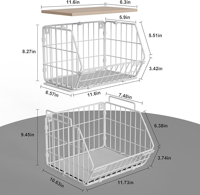 Wetheny 2 Tier Stackable Wall Mounted Wire Basket Fruit Basket with Wood Lid - Kitchen Pantry Organization and Storage, Hanging Storage Basket for fruits, Onion, Potato, Produce, Vegetable (White)
