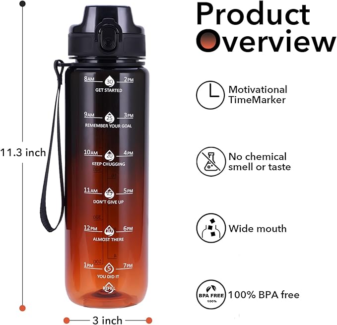 32oz Motivational Water Bottles with Time Marker & Fruit Strainer, Transparent Gradient Color Water Bottle with Times to Drink, Leakproof & BPA Free, Reusable Bottle with Strap (No Straw)