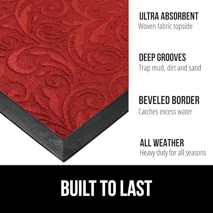 GORILLA GRIP 100% Waterproof All-Season WeatherMax Doormat 35x23, US Designed Natural Rubber, Stain and Fade Resistant, Low Profile Indoor Outdoor Door Mats, Easy Clean Patio Mat, Red Vintage Wine