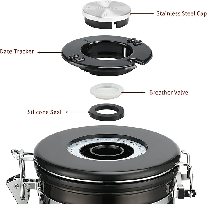 malmo Coffee Canister, Airtight Coffee Container with Date Tracker Lid, Stainless Steel Canister for Kitchen Food Storage (Black-Copper, 9oz)