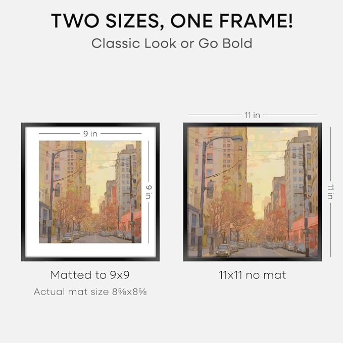 Homeforia 11x11 Picture Frame Black, High End Metal 11 by 11 Square Frames with Mat 9 x 9 Opening, 11by11 Poster Frames Matted to 9x9 inch Photo, Wall Hanging Frame, Tempered Glass, Wall Kit, Set of 1