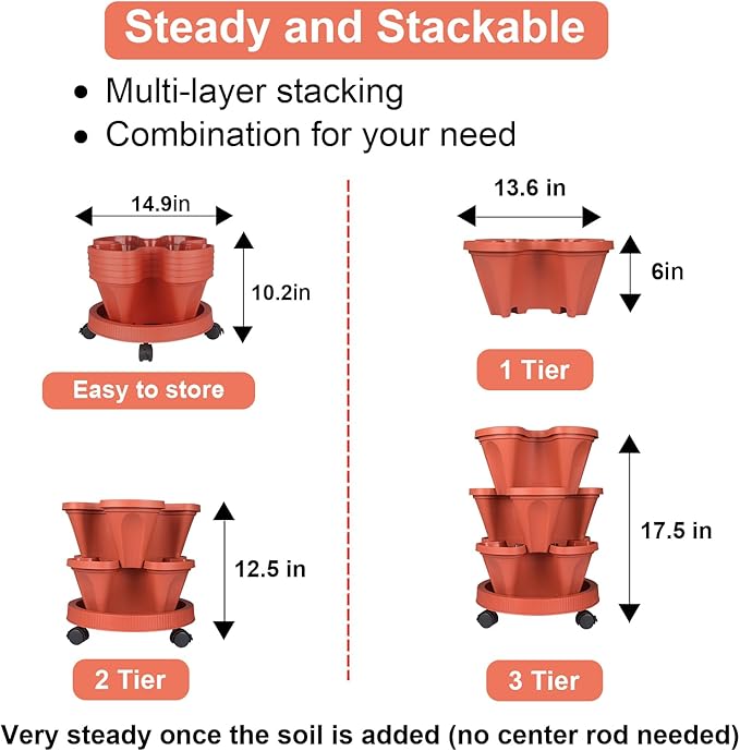 Vertical Planter 3 Tier Stackable Planters Garden Planters Strawberry Herb Flower and Vegetable Planter Indoor Outdoor Gardening Pots with Removable Wheels and Tools 2-Pack