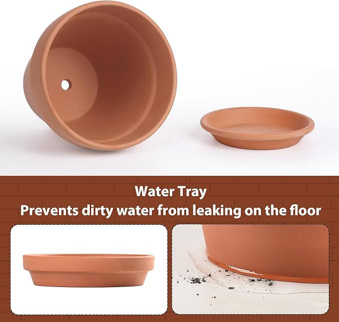 INGOFIN Terracotta Pot with Saucer - 10 Inch Ceramic Clay Pot for Plants with Drainage Hole, Large Terra Cotta Flower Planter with Tray for Indoor Outdoor Plants