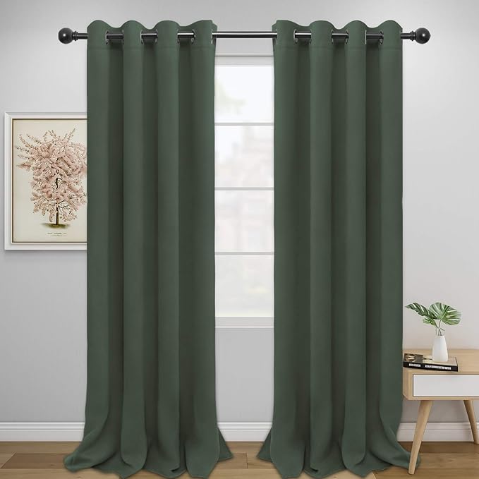 Easy-Going Blackout Curtains for Bedroom, Solid Thermal Insulated Grommet and Noise Reduction Window Drapes, Room Darkening Curtains for Living Room, 2 Panels (52x96 in,Greyish Green)
