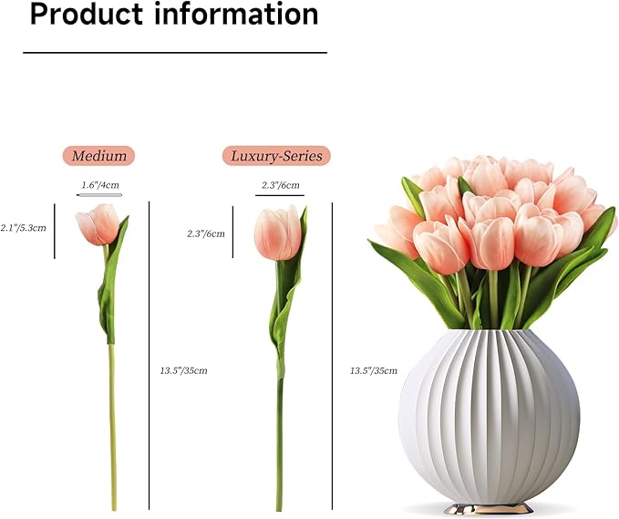 Buart Artificial Tulip in Bulk for Home Kitchen Wedding Bridal Bouquet,Fake Flowers for Valentine's Day Mother's Day Easter Table Centerpieces Decorations(Peach,Real-Touch,12pcs)