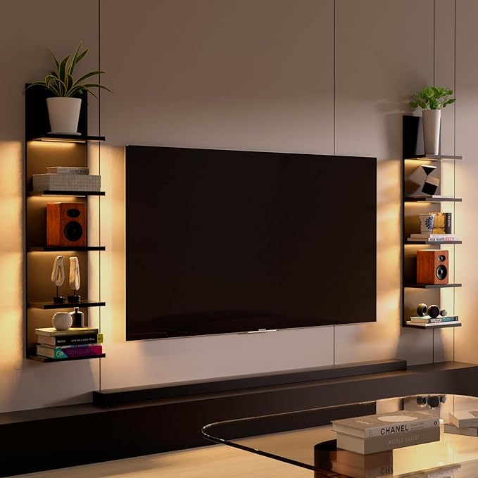 5 Tier Wall Shelf Unit, Black Modern Vertical Lack Wall Shelves with Light, Wall Mount, Floating Column Home Decor Shelves for Bedroom, Living Room, Vanity Storage Display