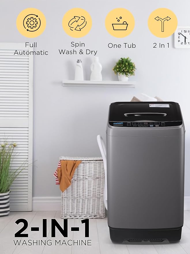 17.7 lbs Full-Automatic Washing Machine with LED Display, Portable Compact Laundry Washer with Drain Pump, 10 Wash Programs 8 Water Levels, Grey