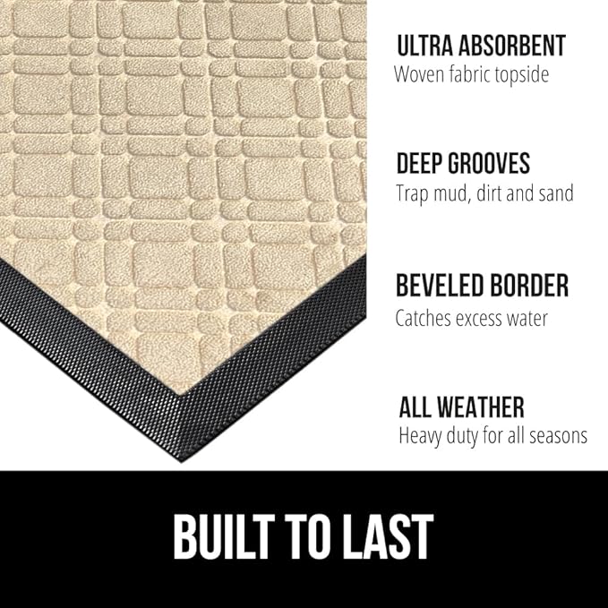 GORILLA GRIP 100% Waterproof All-Season WeatherMax Doormat 35x23, US Designed Natural Rubber, Stain and Fade Resistant, Low Profile Indoor Outdoor Door Mats, Easy Clean Patio Mat, Modern Latte