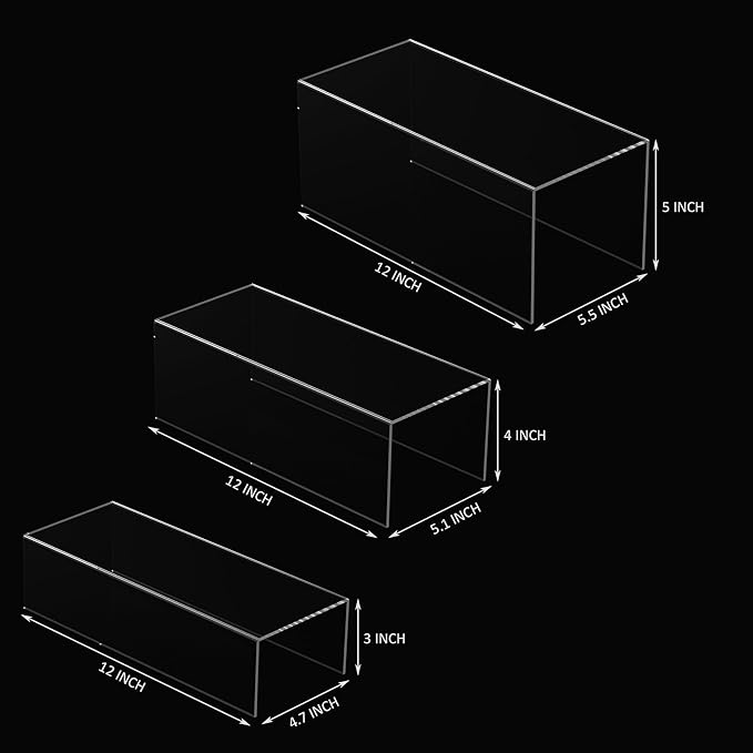 Square Acrylic Display Risers 3pcs, Clear Showcase Shelves for Collectibles, Funko Pop Figures, Perfumes, Cupcake, Candy Dessert - 3''x4''x5''