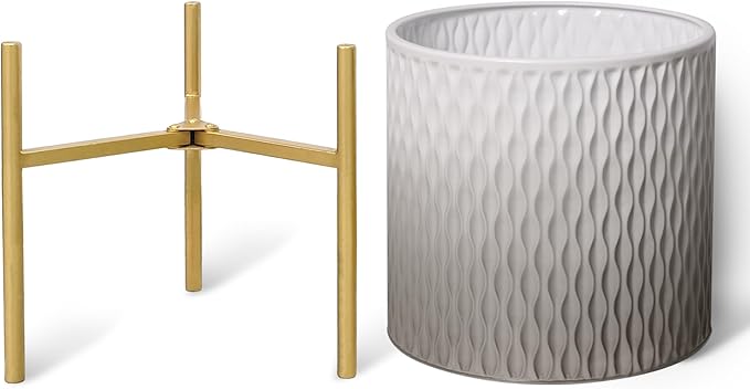 ARNIS Plants Pots with Stand,Set of 2 Flower Pots, Unique Mid Century Decorative Metal Flower Pots with Drainage,10.5&12.25 Inch, Grey and White