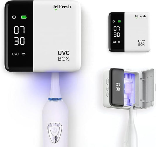 UV Toothbrush Sanitizer Holder & Cleaner with LED Clock Display & Hot Air Drying – Wall-Mounted UV Tooth Brush Holder for Bathroom Decor, Travel Use, Rechargeable Portable Design, Fits All Brushes