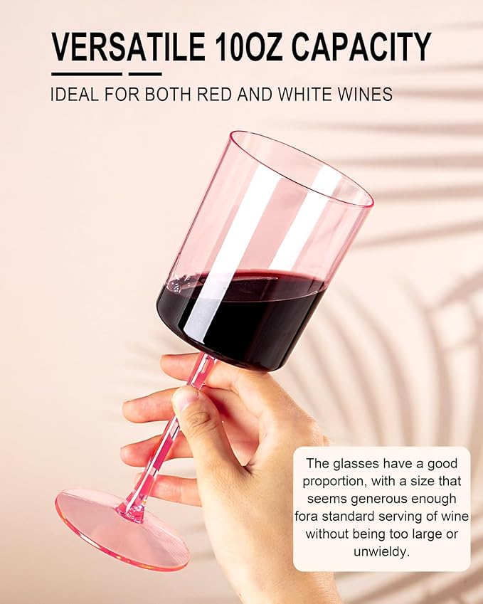 Ciaell 12 Pack Pink Plastic Wine Glasses - 10 Oz Disposable Wine Glasses with Stem for Parties & Weddings & Poolside & Outdoors & Camping