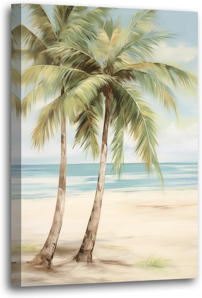 LURENCZH Tropical Beach Canvas Wall Art Seaside Palm Tree Picture Wall Decor Ocean Scenery Painting Prints for Bathroom Decor Framed(Beach-2,20.00" x 30.00")