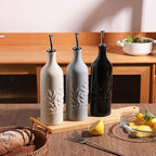 Sweejar Large Ceramic Olive Oil Dispenser Bottle, 24 Oz Relief Opaque Oil Cruet Protects Oil To Reduce Oxidation, Storage Vinegar, Soy Sauce, Coffee Syrup, Liquids, Set of 1 (Beige)