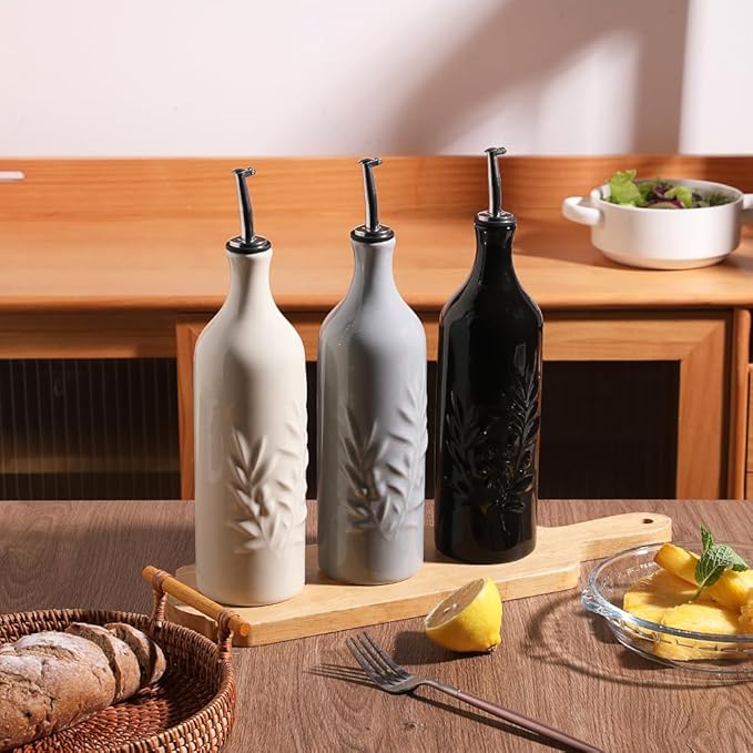 Sweejar Large Ceramic Olive Oil Dispenser Bottle, 24 Oz Relief Opaque Oil Cruet Protects Oil To Reduce Oxidation, Storage Vinegar, Soy Sauce, Coffee Syrup, Liquids, Set of 1 (Beige)