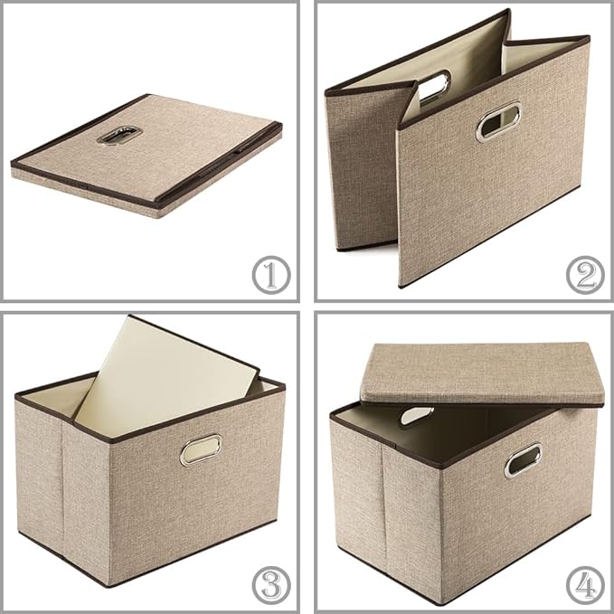 PRANDOM Extra Large Collapsible Storage Bins with Lids [3-Pack] Linen Fabric Foldable Storage Baskets Boxes Organizer Containers Cube with Cover for Bedroom Closet Office Nursery (22.8x15.75x13.8)