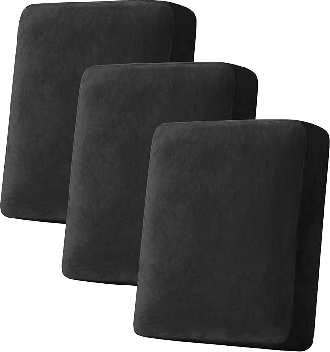 H.VERSAILTEX Velvet Stretch Couch Cushion Cover Plush Cushion Slipcover for Chair Loveseat Sofa Cushion Furniture Protector Seat Cushion Sofa Cover (3 Piece Sofa Cushion Covers, Black)