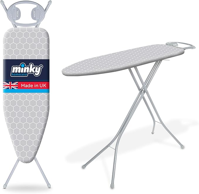 Minky Homecare Classic 4-Leg Ironing Board with Iron Rest - Freestanding Full Size Iron Board for Clothes Pressing with 43" x 14" Surface - Grey Honeycomb