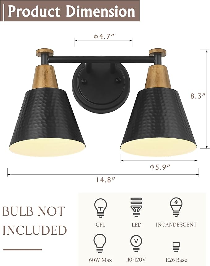 FEMILA Black Bathroom Light Fixtures, 2-Light Bathroom Vanity Lights Over Mirror with Hammered Metal Shade, Modern Wall Sconces Lighting for Kitchen Bedroom Living Room, 4FG59B-2W BK