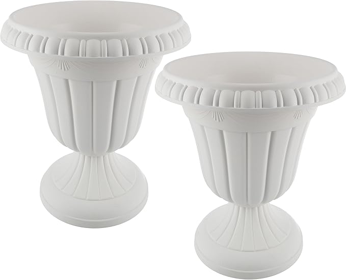 Pure Garden Outdoor Planter 2-Pack - 16x18-Inch Urn Planters - Plastic Plant Pots for Indoor, Outdoor, or Front Porch Decor - Flower Pots (White)