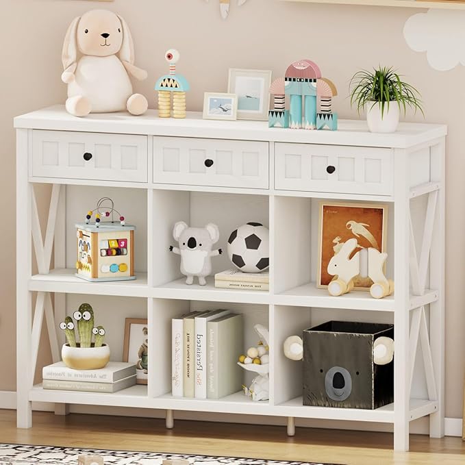 FATORRI 6 Cube Storage Bookshelf with 3 Drawers, Long Horizontal Bookcase, Modern Cubby Organizer Shelf (White Oak, 47 Inch)