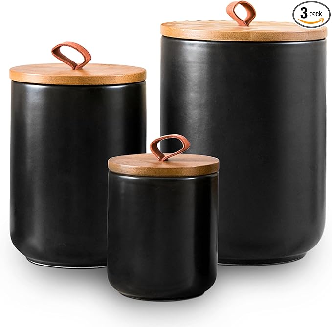 Black Ceramic Canister Set, 3pcs Ceramic Kitchen Canisters for Countertop with Airtight Wood Lids, Large Flour and Sugar Containers for Coffee, Tea, Spice