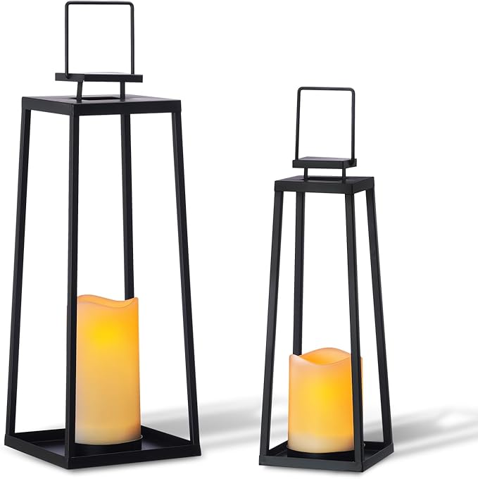 Solar Lantern Decorative Outdoor Set of 2 (18’’ & 15’’) Modern Black Metal Lanterns with Solar Candles, Decorative Candle Lanterns for Outdoor Porch, Patio, Garden, Yard Decor