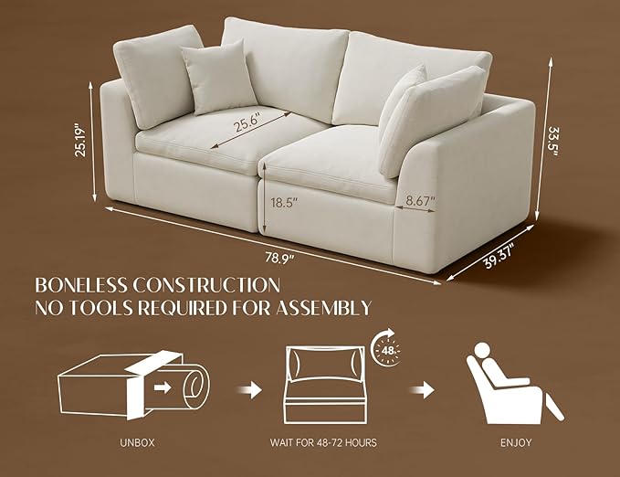 78.9" Loveseat Sofa, Cloud Boneless Couches for Living Room, Modern Modular Sectional Sofa, Oversized, Warm White