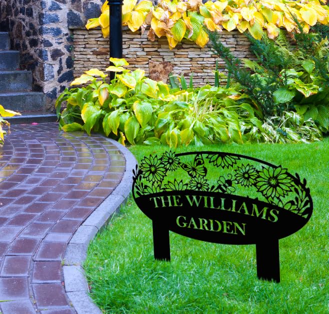 Custom Metal Garden Sign, Flower Sign with Stakes, Personalized Garden Decor for Outside, Garden Family Name Sign, Outdoor Steel Yard Sign, Large Patio Garden Sign Art, Housewarming Gift