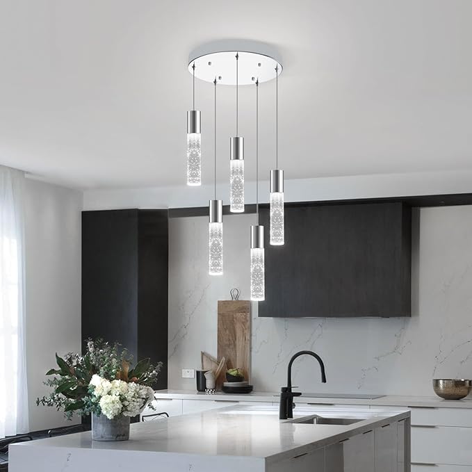 OKELI Smart Dimmable LED 5-Light Pendant Light for Kitchen Island, 18W 1350LM Modern Bubble Crystal Island Light Fixture with TUYA App & Voice Control, Adjustable 3000K-6000K, Electro-Chrome